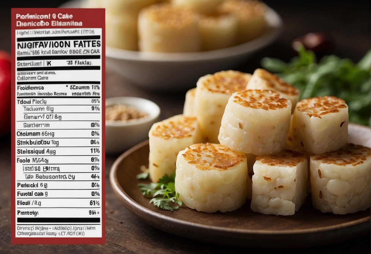 A table displays radish cake ingredients with nutritional info. Health benefits listed beside a stack of Chinese radish cakes