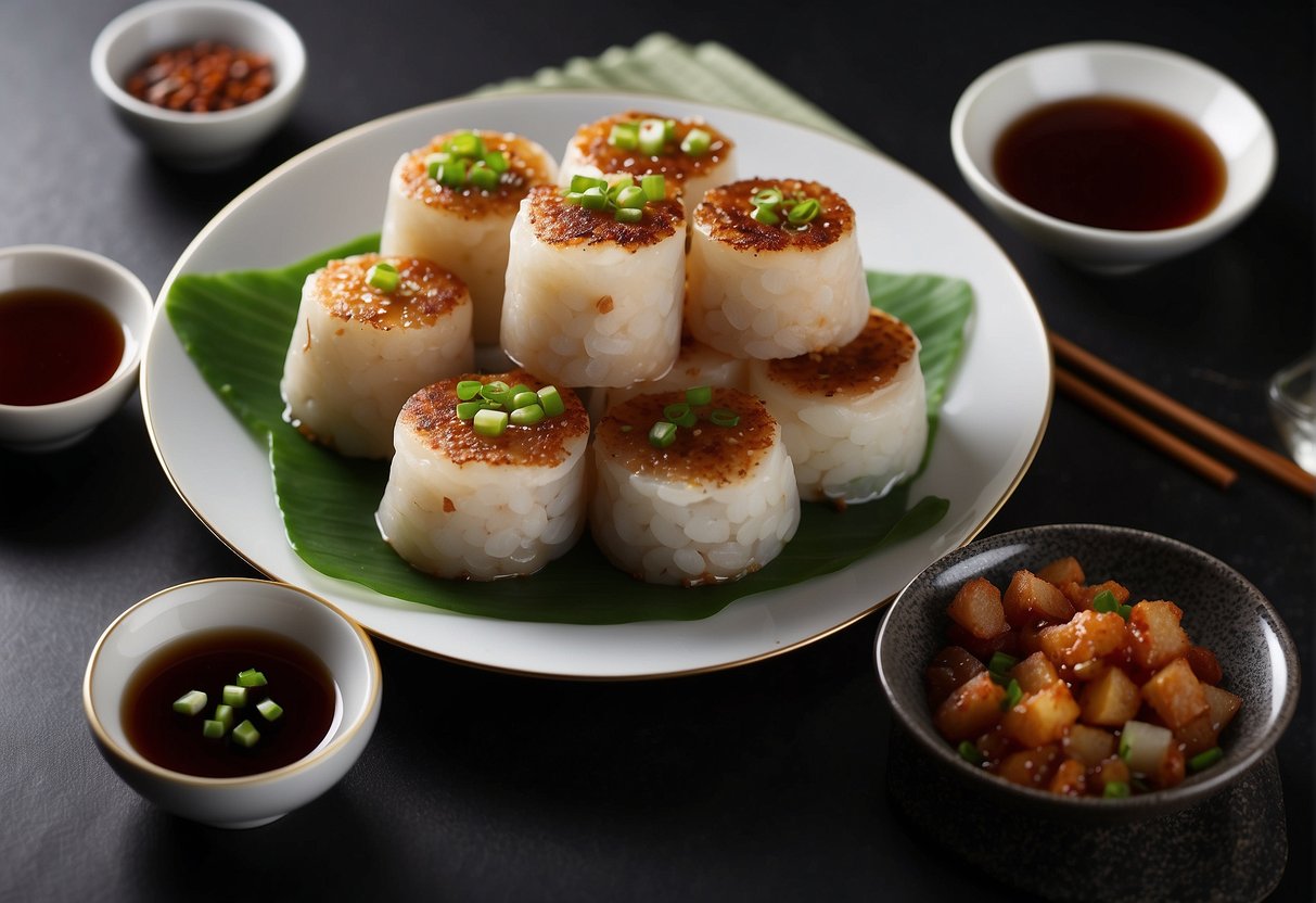 A plate of freshly steamed radish cakes, garnished with scallions and served with a side of spicy soy sauce, arranged in an elegant and traditional Chinese presentation