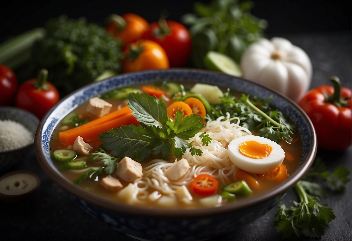 A steaming bowl of Chinese quick soup surrounded by fresh vegetables and herbs, showcasing the nutritional insights and health benefits of the dish