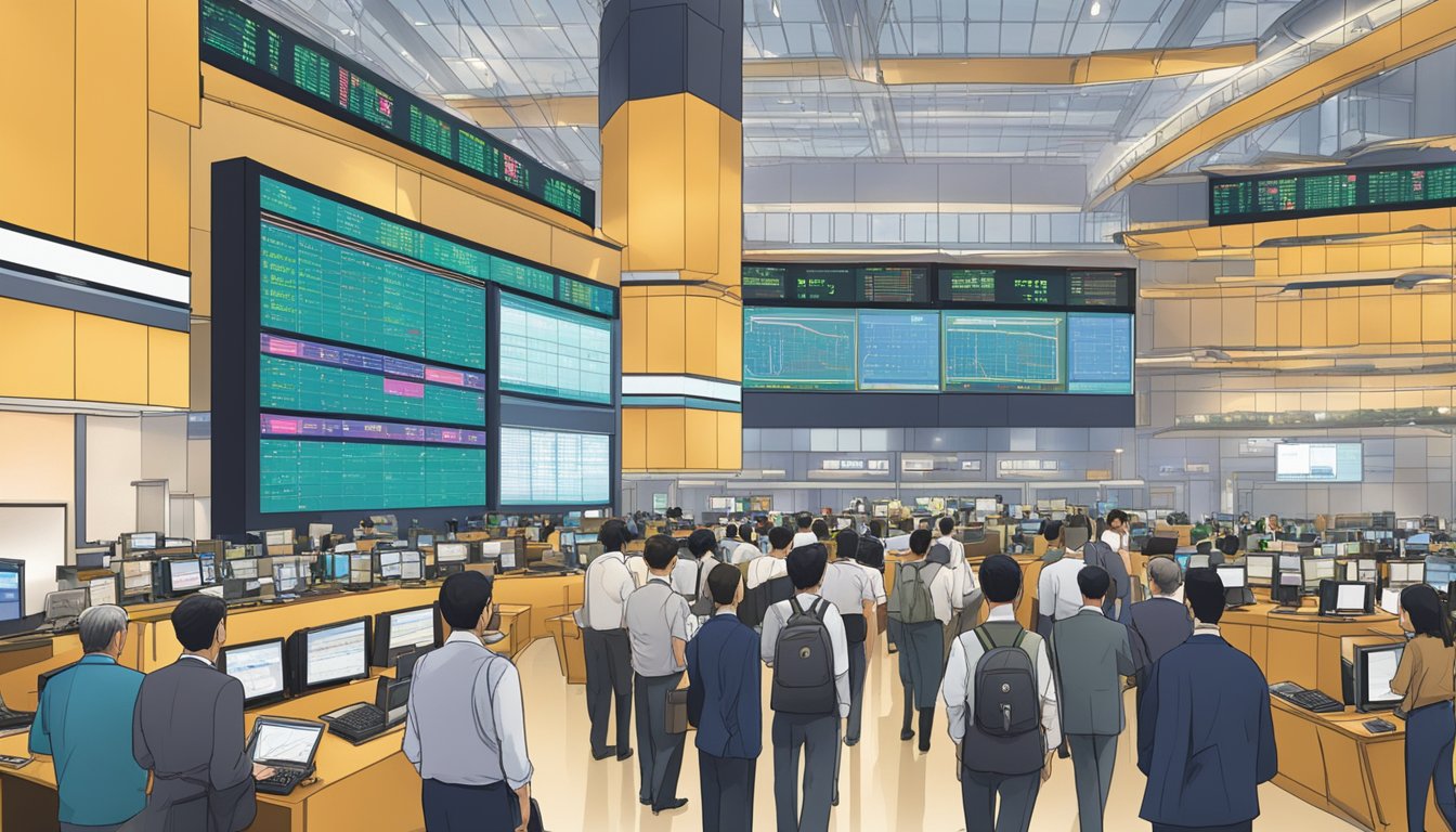 A bustling Singapore stock exchange floor with traders and screens displaying bond prices