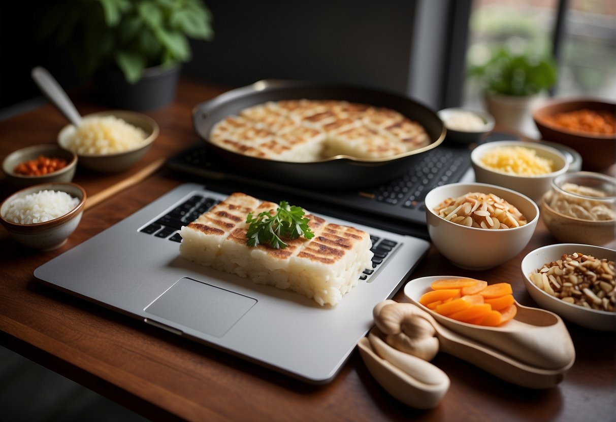 A steaming plate of Chinese radish cake surrounded by ingredients and utensils, with a laptop open to a webpage titled "Frequently Asked Questions radish cake recipes chinese."