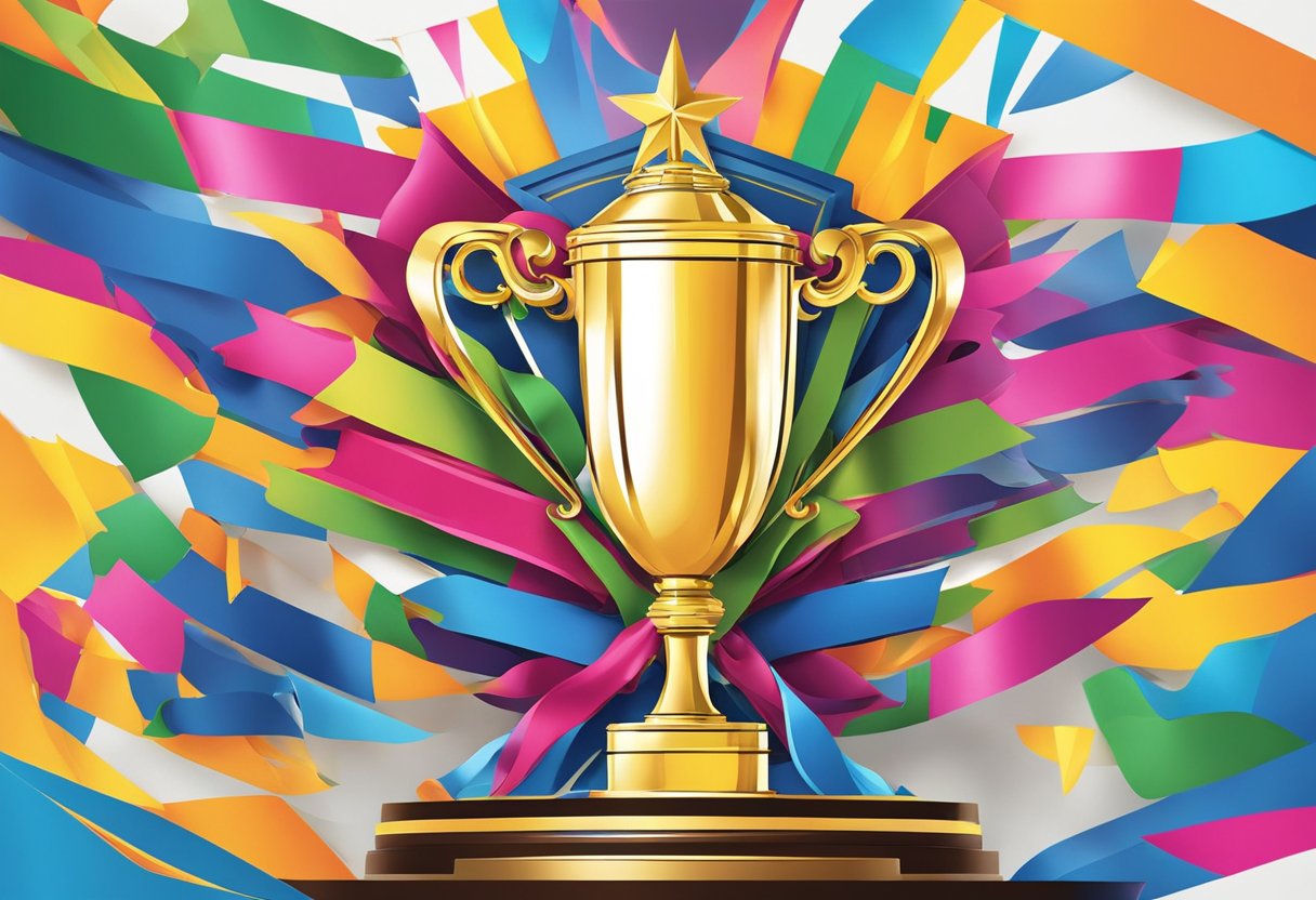 A vibrant trophy sits atop a pedestal, surrounded by colorful banners and ribbons. A proud logo of Star Roofing adorns the trophy, symbolizing their achievement as the best roofing company in West Palm Beach