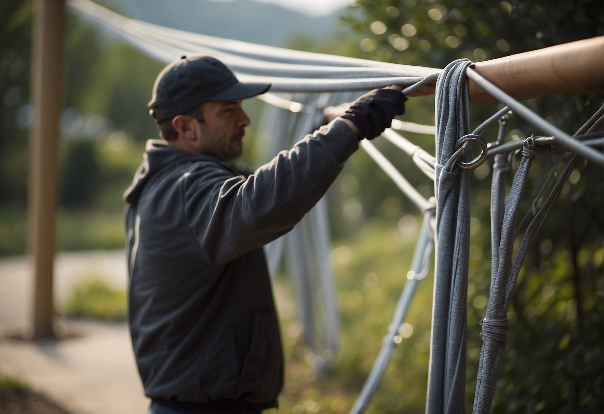 A person attaches fabric to metal poles, securing them together to form a canopy frame