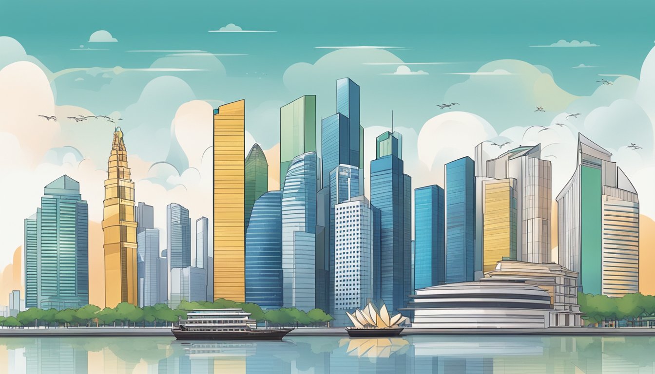 A skyline of Singapore with iconic landmarks, a graph showing bond performance, and a diverse group of investors discussing bond options