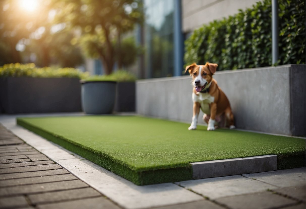 A concrete outdoor dog potty area with artificial turf, drainage, and waste disposal system