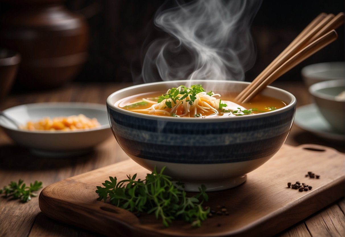 A bowl of steaming hot soup sits on a wooden table, garnished with fresh herbs and a drizzle of sesame oil. Chopsticks rest on a delicate ceramic spoon beside the bowl