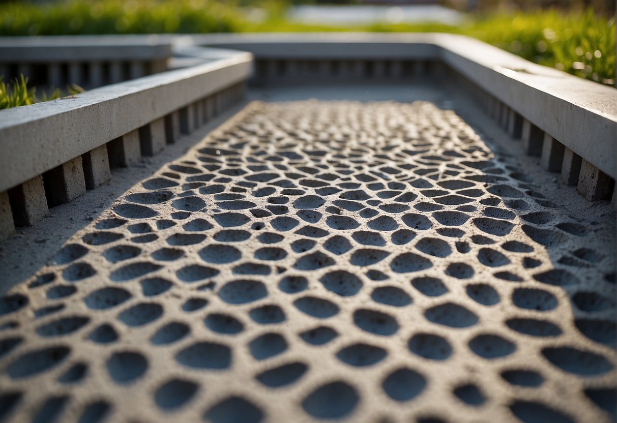 Concrete surface with drainage channels laid out, connecting to a central collection point. Gravel and perforated pipes installed underneath for efficient water runoff