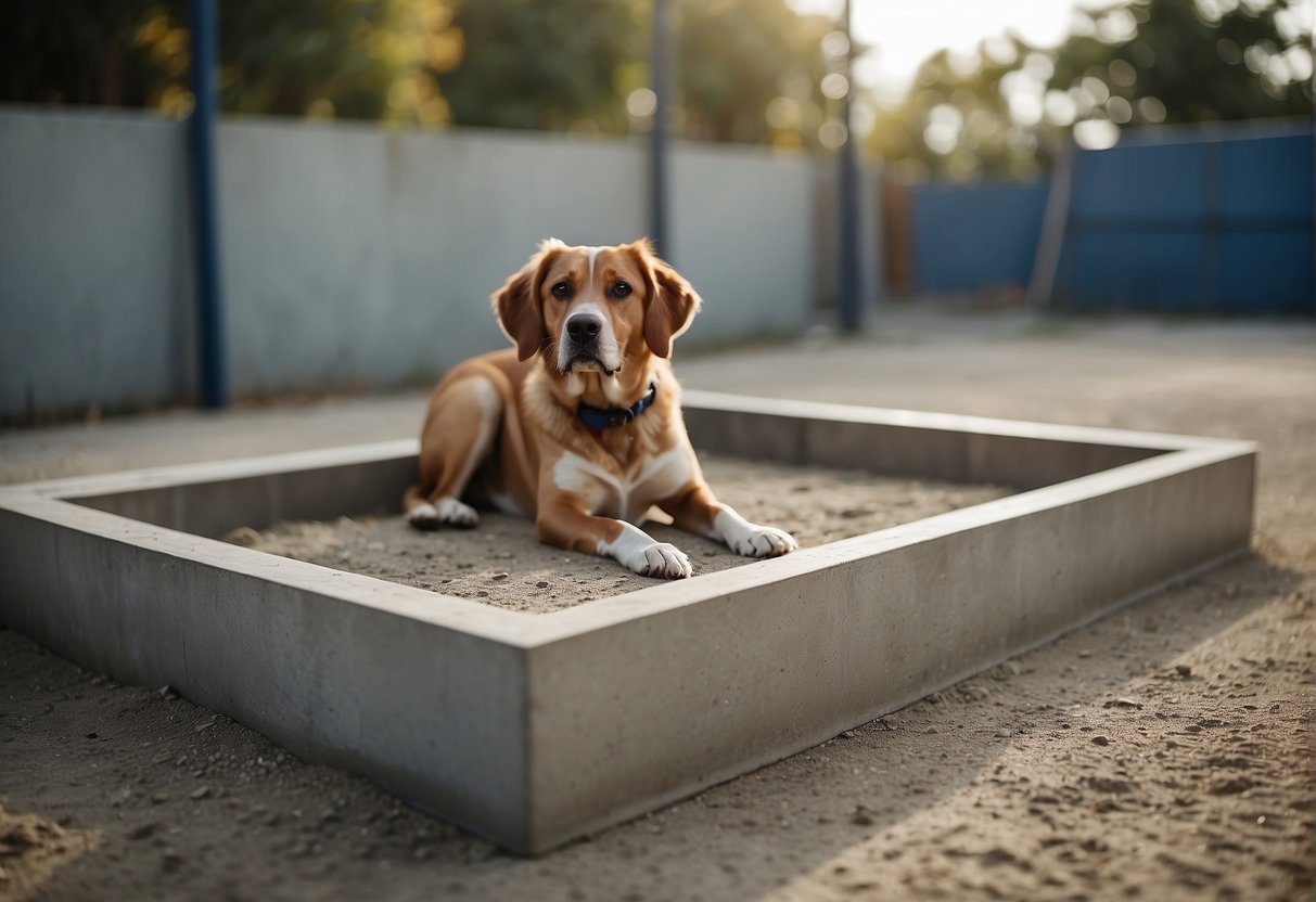 A concrete outdoor dog potty area is being built and cleaned, with a designated spot for the dog to relieve itself