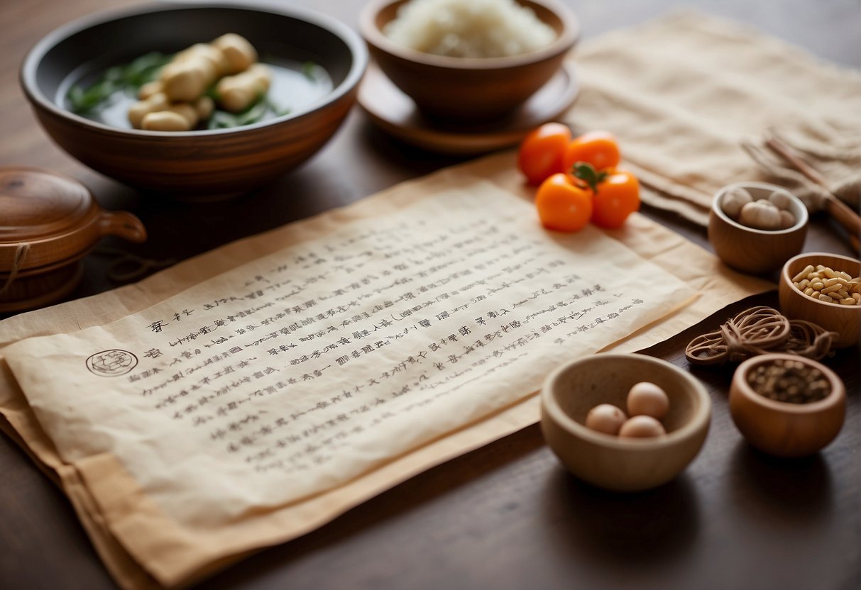 A table with ancient Chinese cooking utensils, ingredients, and a handwritten love letter recipe on parchment paper