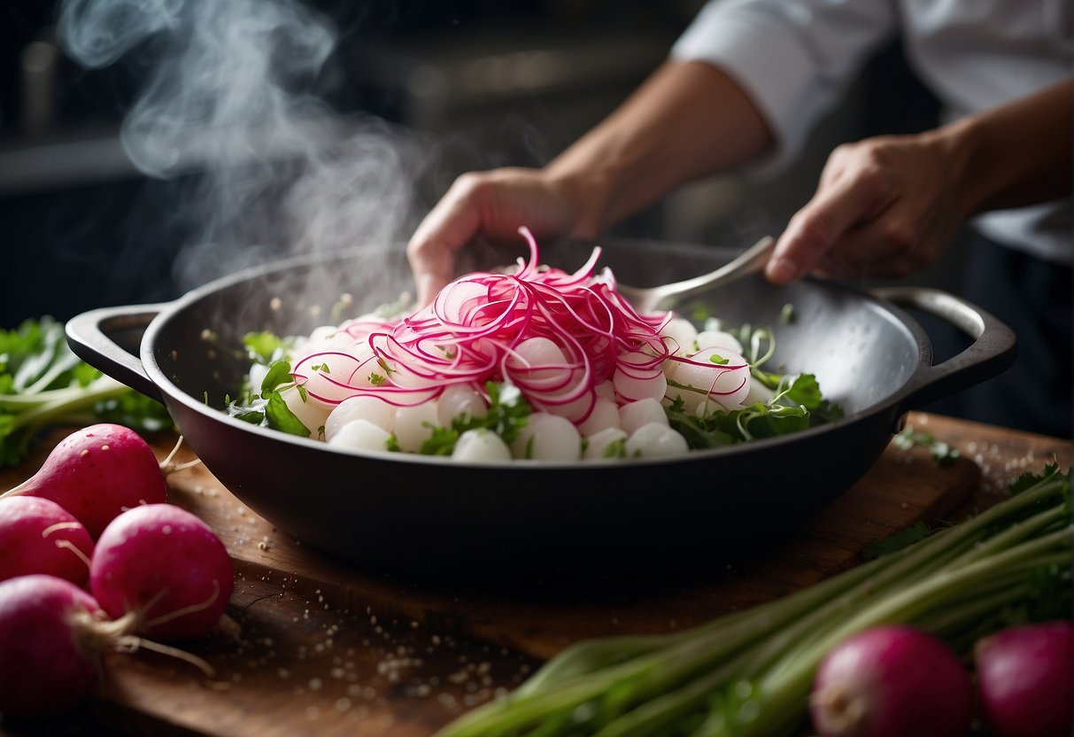 A chef grates radishes, mixes with flour and seasoning, then steams in a pan
