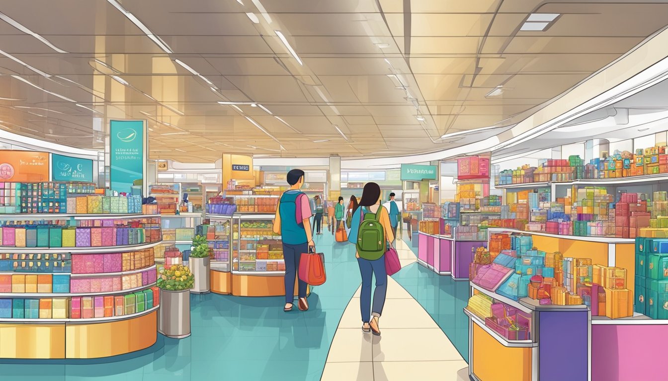 Passengers browsing duty-free shops at Singapore airport, selecting luxury goods and local souvenirs. Multiple stores and colorful displays