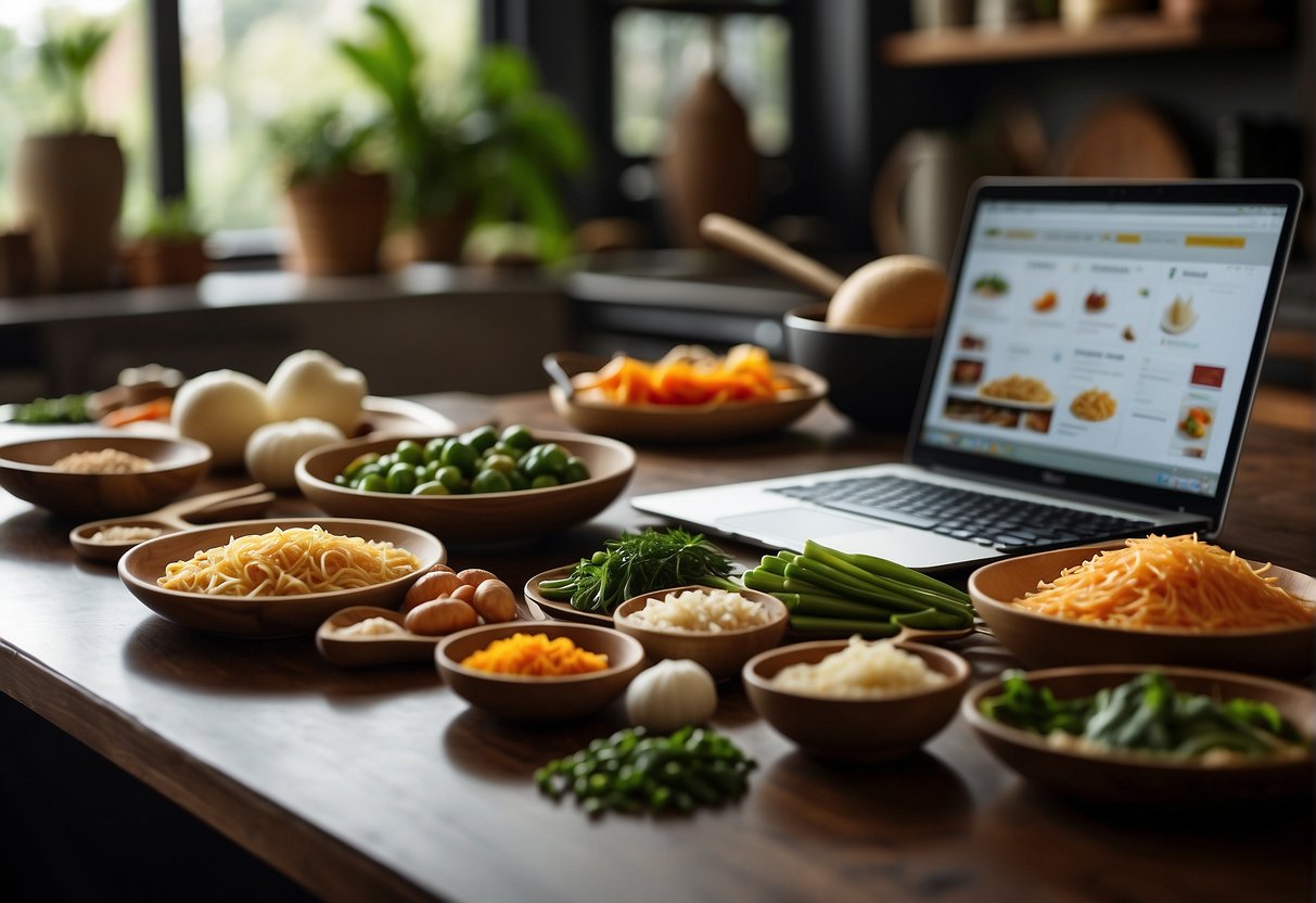 A kitchen counter with various Asian ingredients and cooking utensils, a laptop open to the Rasa Malaysia website, and a printed recipe for Chinese cuisine