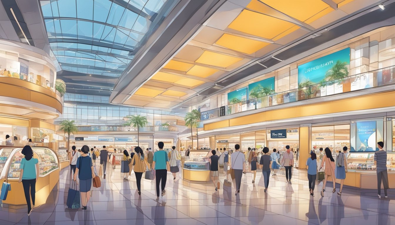 Luxury watches, designer fashion, and local souvenirs on display at Changi Airport shops. Bright lights and bustling crowds create a vibrant shopping atmosphere