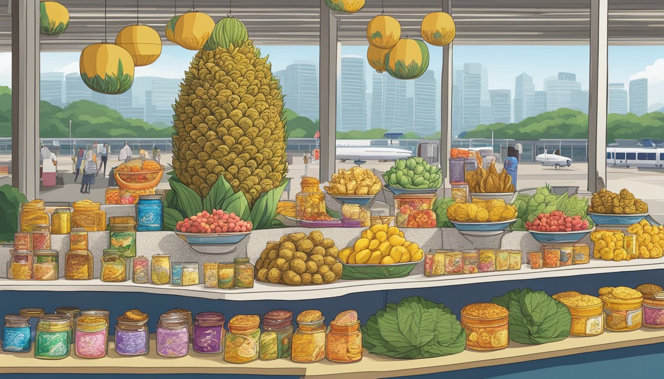 A display of iconic Singaporean souvenirs at the airport: Merlion keychains, orchid-scented candles, batik fabric, and durian-flavored snacks