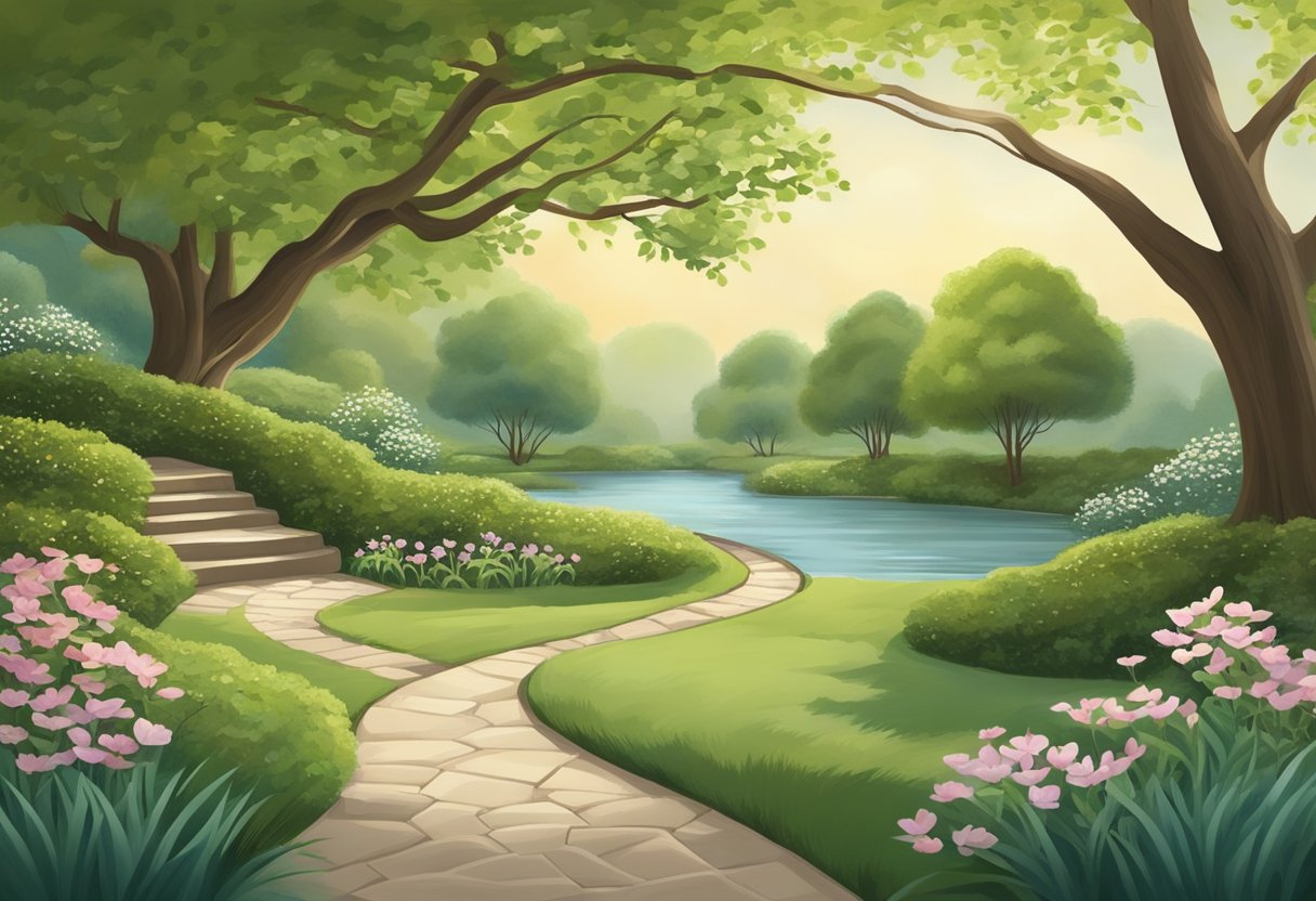 A serene garden with a winding path, a peaceful stream, and a tree with outstretched branches, symbolizing financial guidance and stewardship
