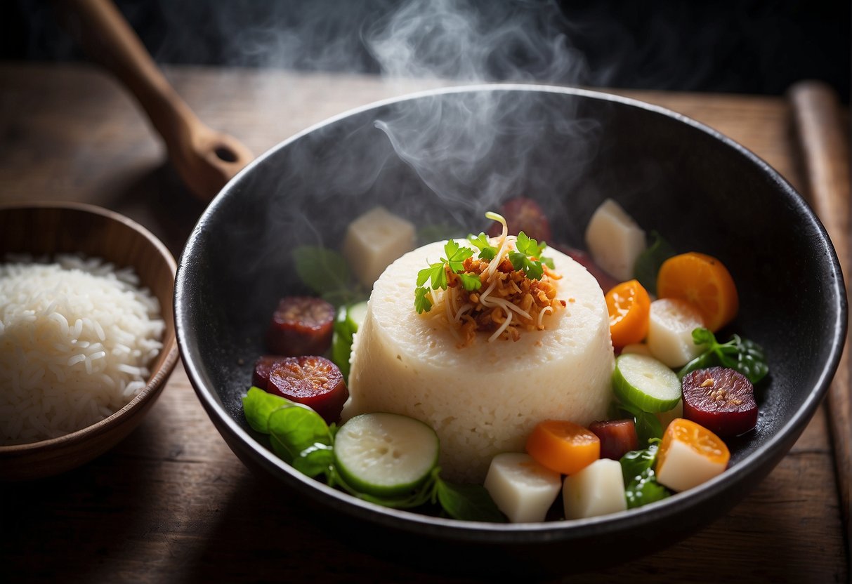 A chef grates daikon and mixes it with rice flour, Chinese sausage, and dried shrimp. The mixture is steamed in a pan, then pan-fried until golden brown. The radish cake is cut into squares and served as a traditional