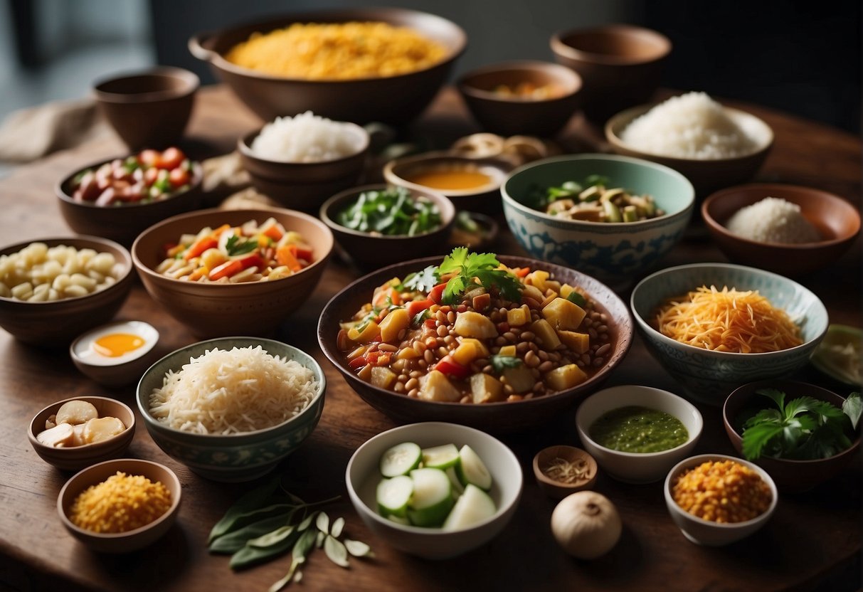 A table filled with colorful ingredients and cooking utensils, showcasing the diverse range of popular Rasa Malaysia Chinese recipes
