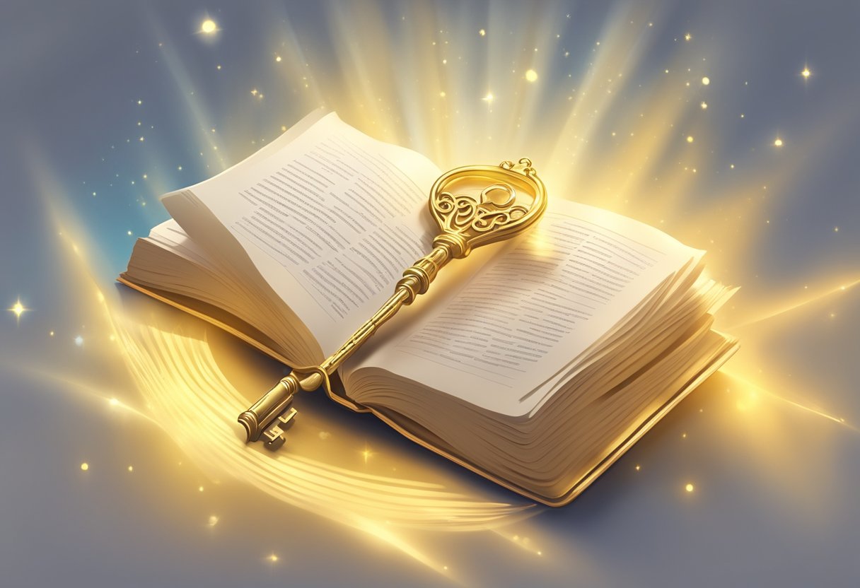 A serene, open book surrounded by glowing rays of light, with a golden key resting on its pages, symbolizing the search for financial wisdom and stewardship