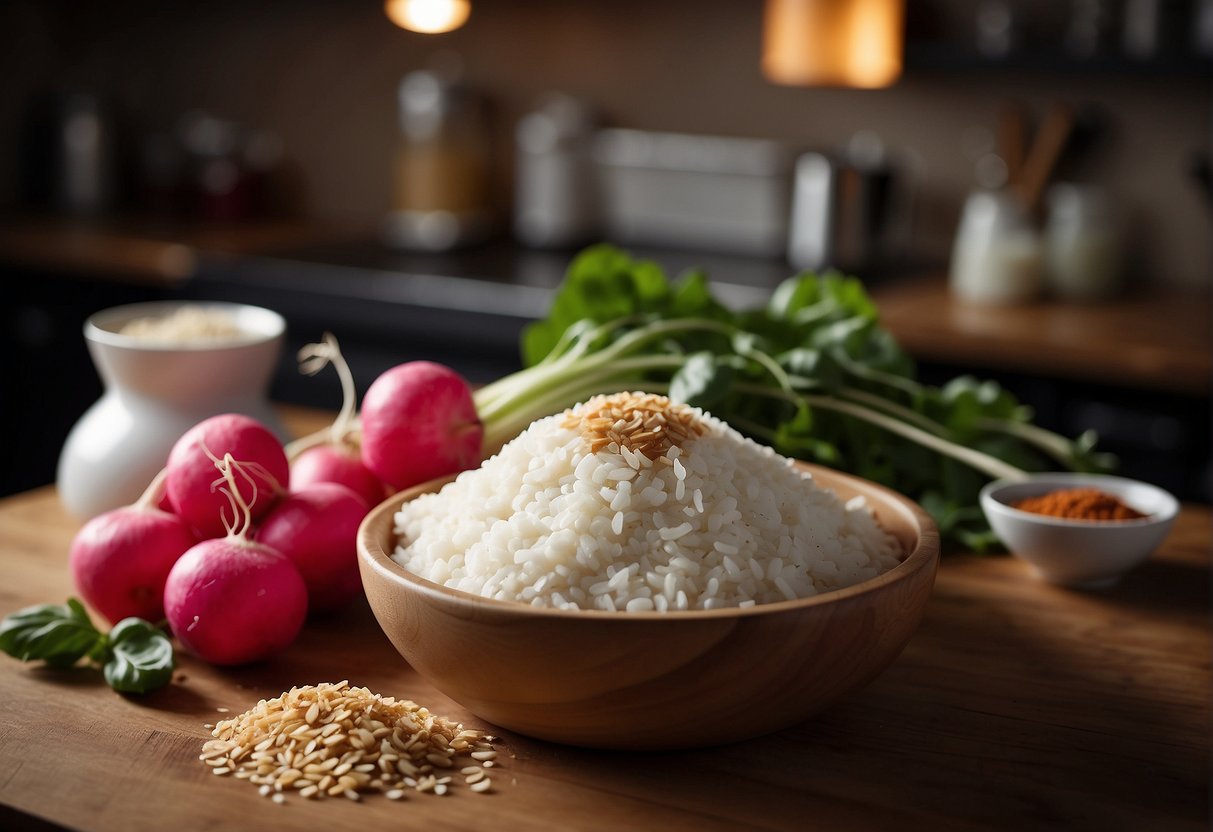 A kitchen counter displays radishes, rice flour, and Chinese seasonings for making radish cake