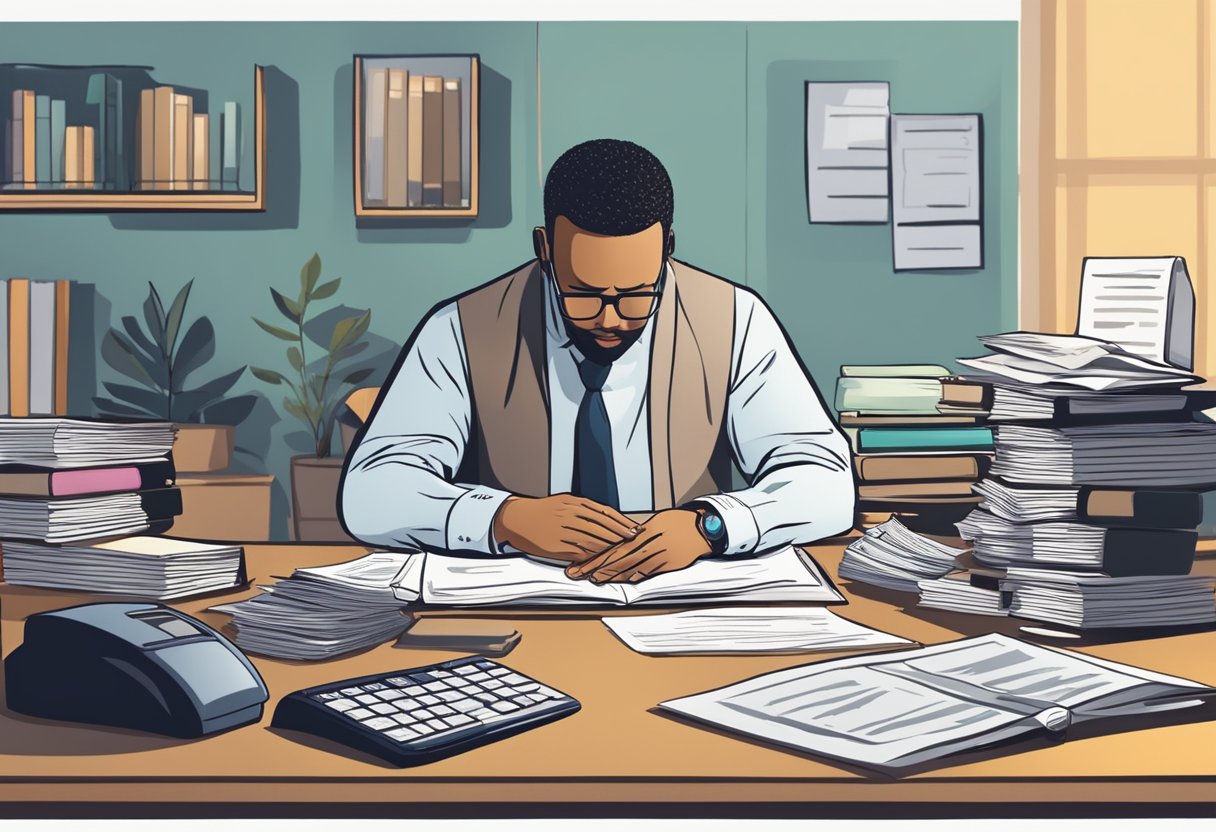 A person sits at a desk, surrounded by financial documents and a calculator. They bow their head in prayer, seeking wisdom and guidance in managing their finances