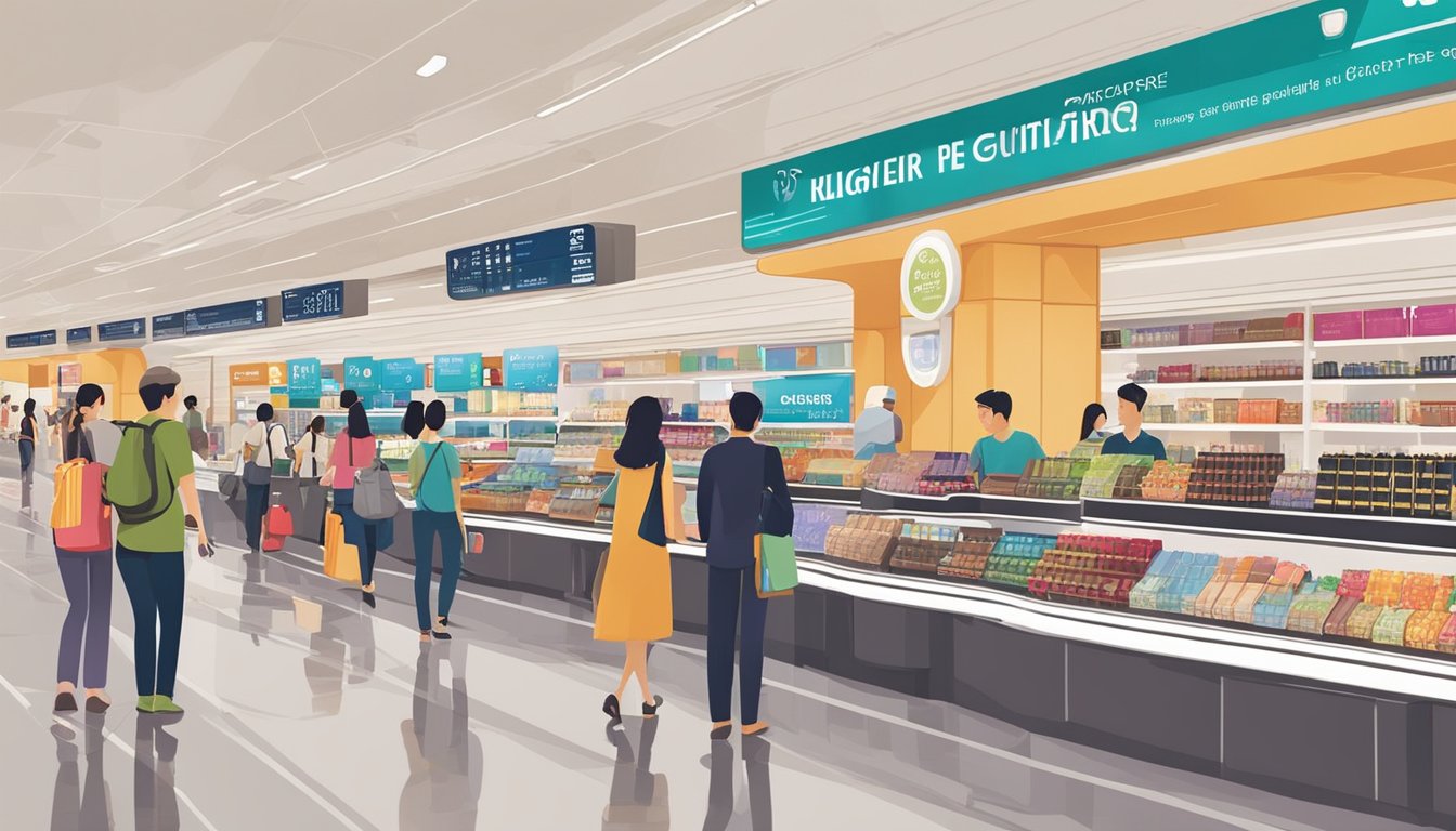 Passengers browsing duty-free shops, holding various items like chocolates, perfumes, and electronics at Singapore airport. Flight departure boards and signage visible