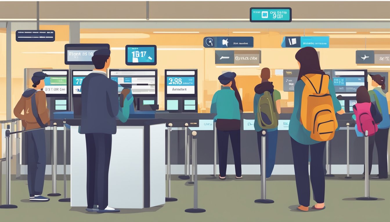 Passengers lining up at a ticket counter or browsing online for flight deals. Displays showing different prices and departure times. A clock indicating the urgency to buy