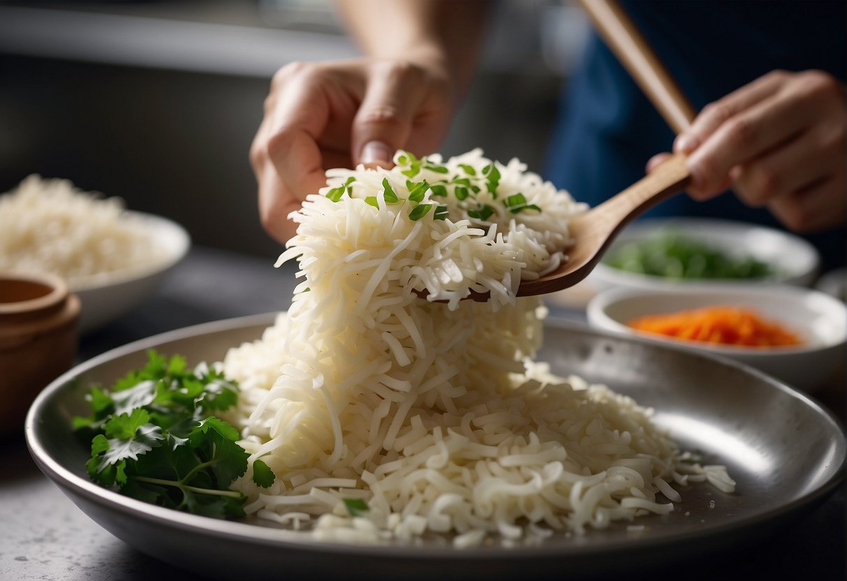 Radish cake ingredients being chopped, grated, and mixed in a bustling Chinese kitchen