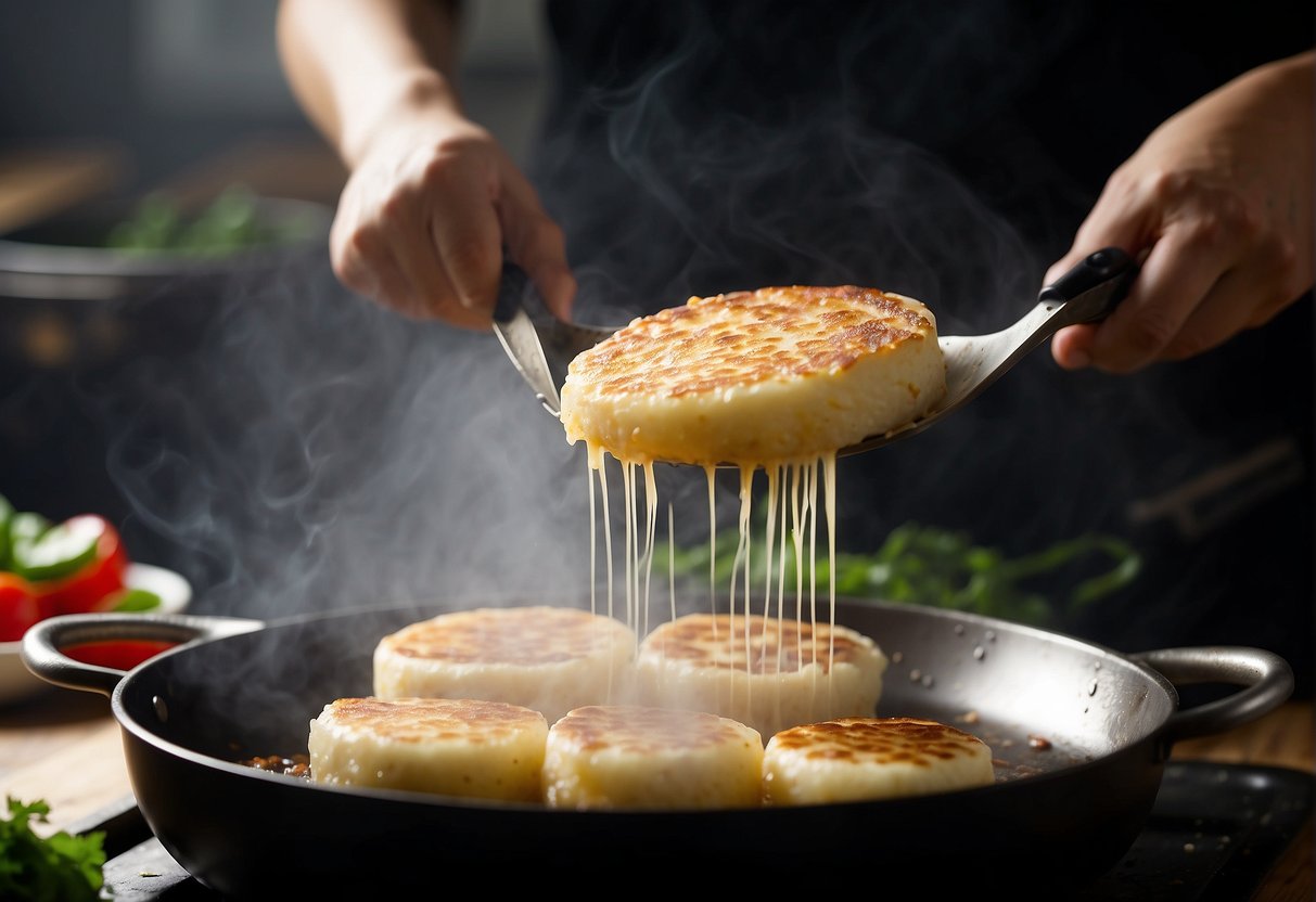 Sizzling radish cakes frying in a wok, steam rising. A chef uses a spatula to flip and serve the golden brown cakes onto a plate