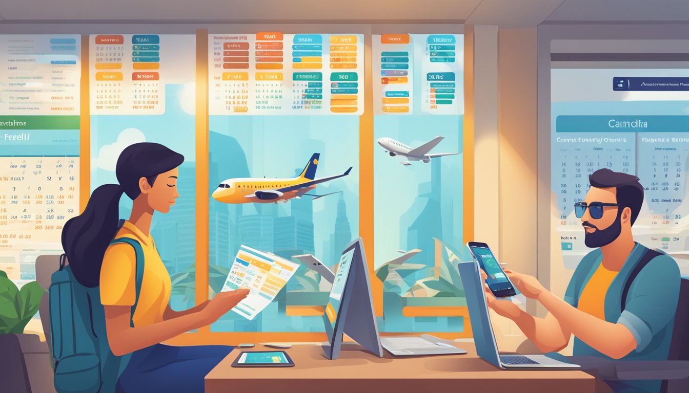 Passengers eagerly checking flight prices on their devices, comparing different dates and times to score the best deals. Calendars and travel websites displayed in the background