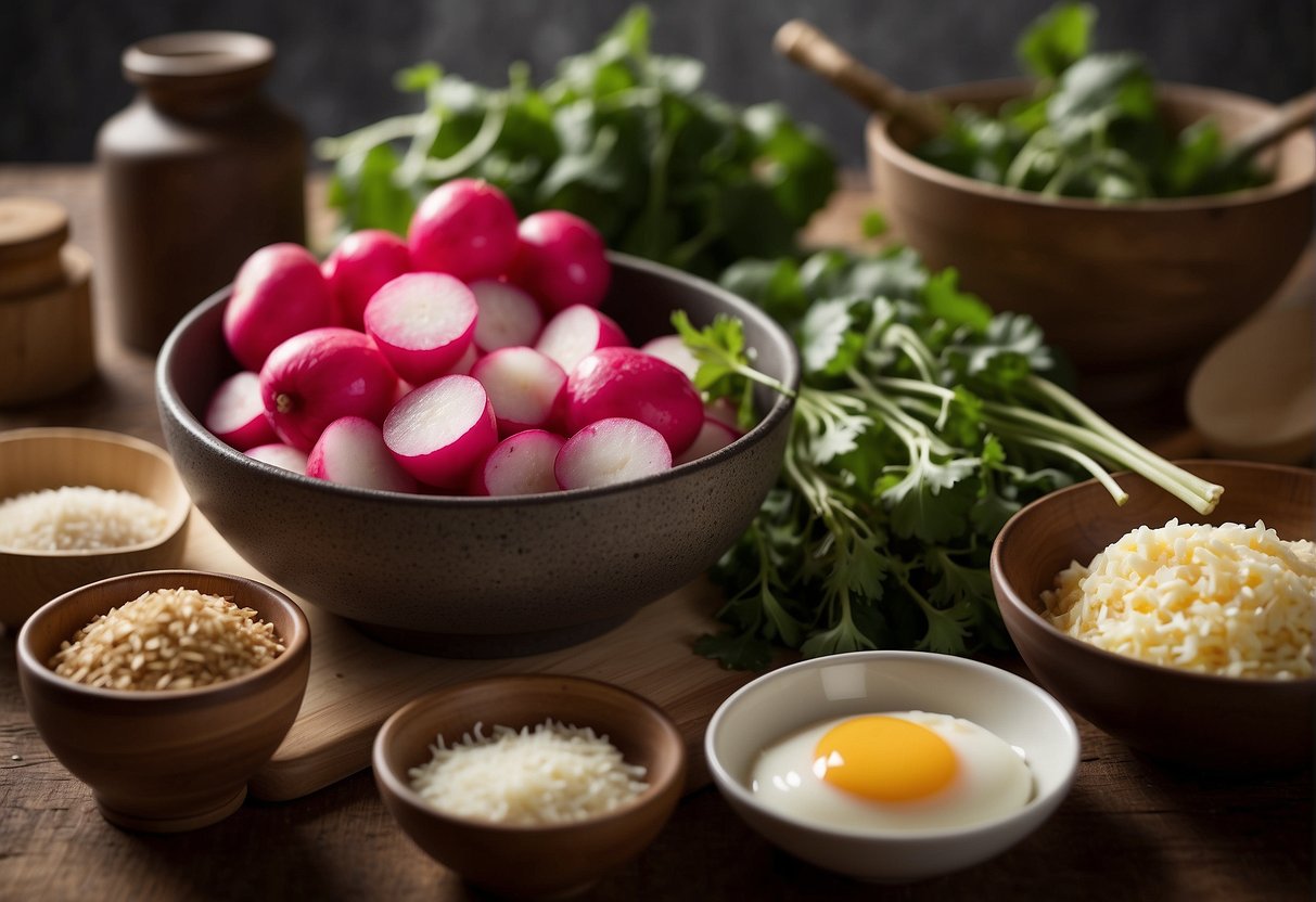 A table with ingredients: radishes, flour, eggs, and seasonings. A mixing bowl and utensils are nearby. A recipe book is open to a page titled "Chinese Radish Cake."