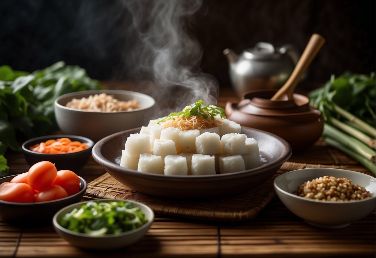 A steaming plate of radish cake sits on a bamboo steamer, surrounded by traditional Chinese cooking utensils and ingredients. The recipe book "Frequently Asked Questions: Radish Cake Recipes" is open beside it