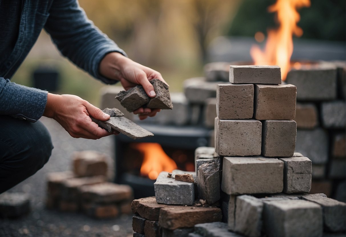 A person stacking bricks to construct a simple outdoor fireplace with a chimney, using cost-effective materials