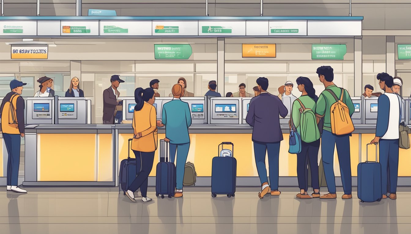 Passengers lining up at an airport ticket counter, holding boarding passes and asking staff about the best time to buy flight tickets