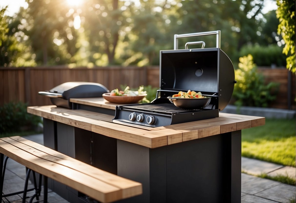 A sunny backyard with a simple outdoor kitchen setup: a grill, countertop, and storage space made from budget-friendly materials like cinder blocks and wooden planks