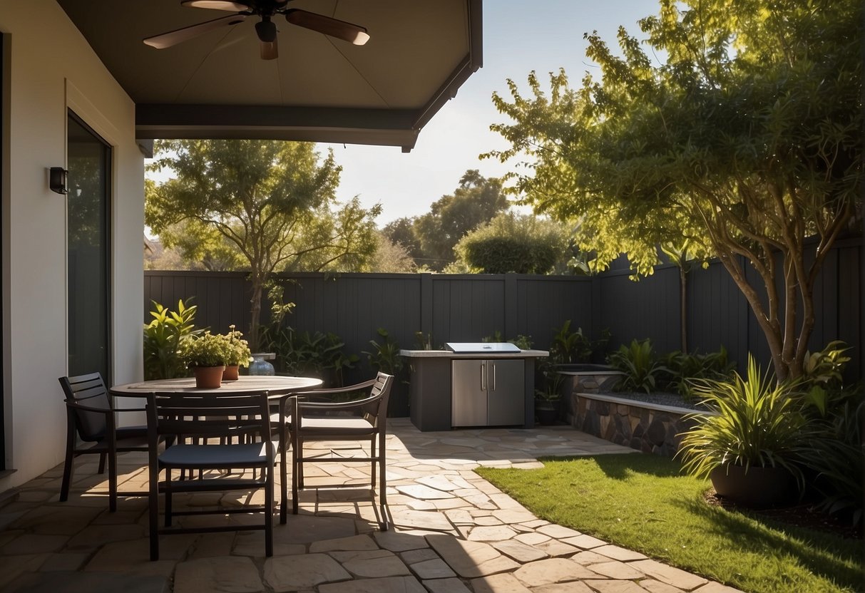 A backyard with a shaded area, adjacent to the house, with a clear view of the main kitchen for easy access to utilities