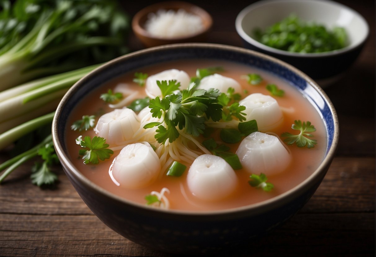 A steaming bowl of radish soup sits on a wooden table, garnished with green onions and cilantro. Steam rises from the surface, and a pair of chopsticks rests beside the bowl