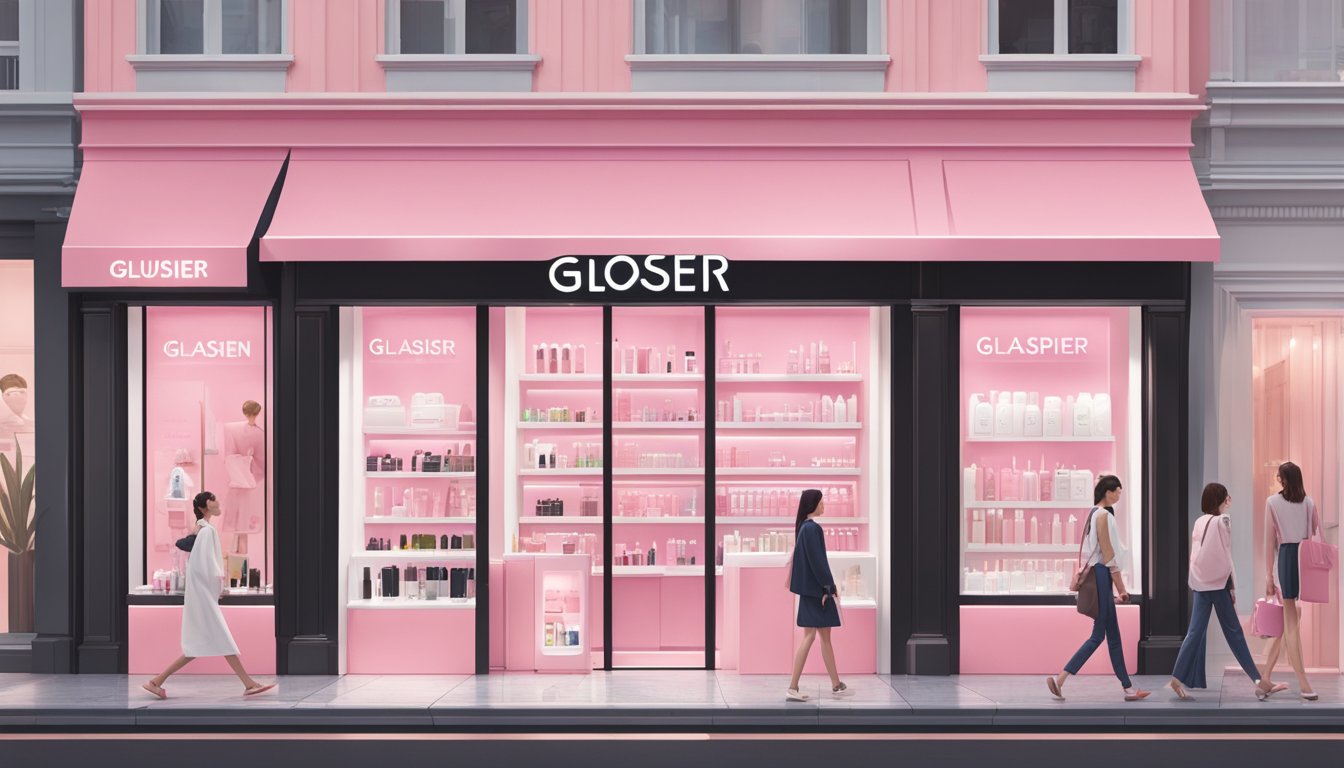A sleek, modern storefront in a bustling Singaporean shopping district, adorned with the iconic pink and white Glossier logo. Shoppers browse the display of trendy skincare and makeup products