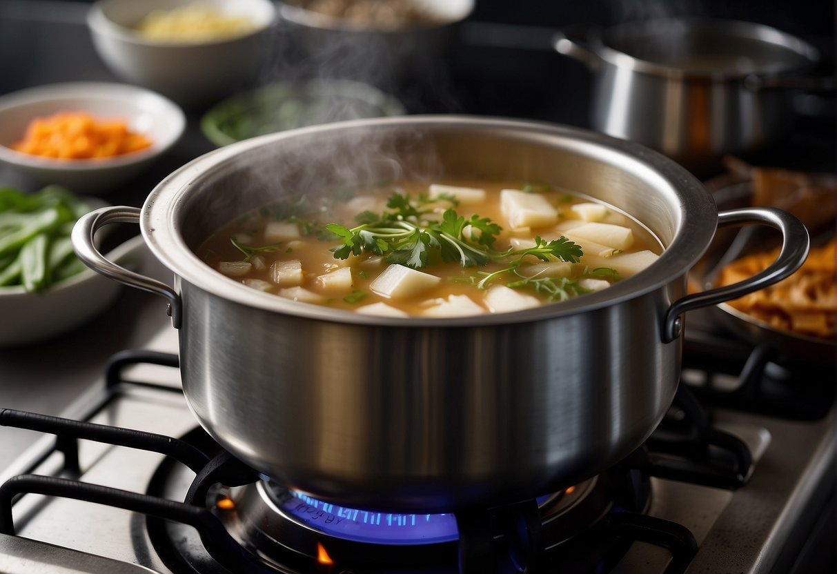 A large pot simmers on a stove, filled with chunks of Chinese radish, aromatic spices, and savory broth. Steam rises as the soup cooks, filling the kitchen with a tantalizing aroma