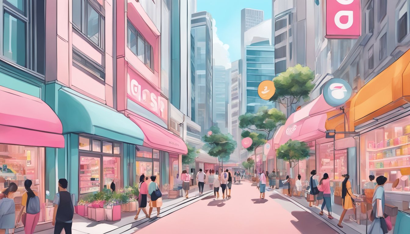 A bustling street in Singapore, with modern storefronts and vibrant signs, showcasing the popular beauty brand Glossier