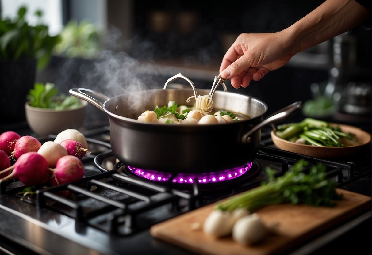 A pot simmers on a stove with radishes, ginger, and garlic. A chef's hand reaches for a bottle of soy sauce