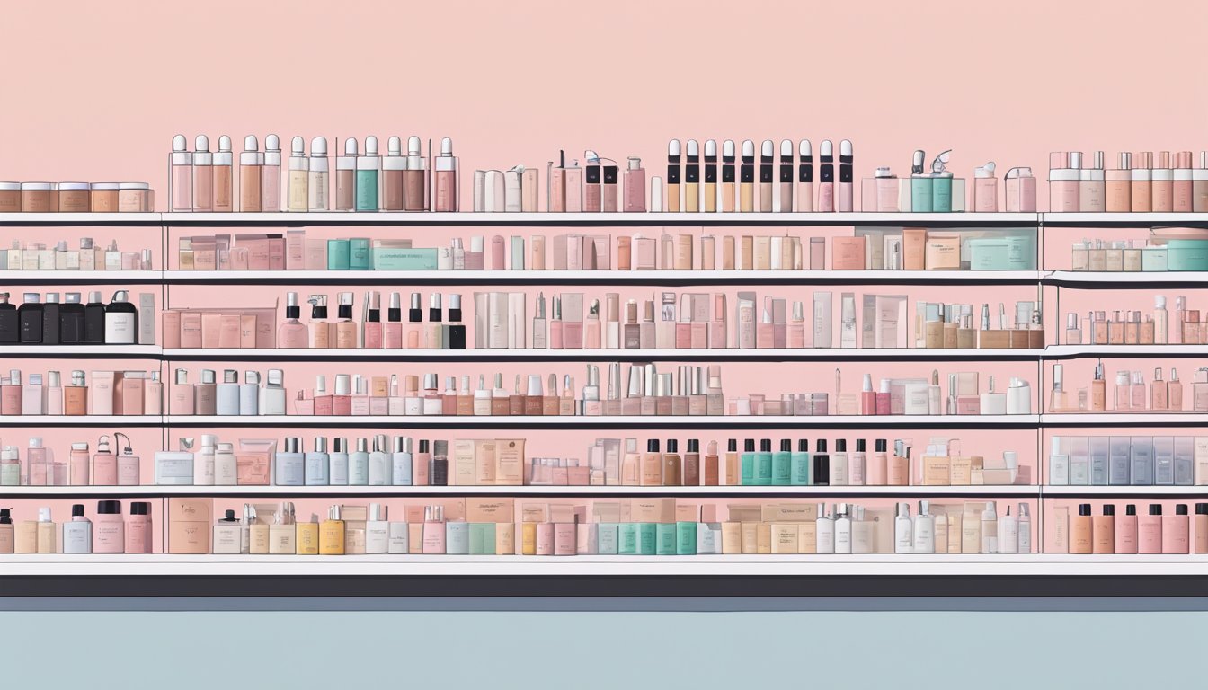 A display of Glossier's must-have products arranged neatly on a sleek, minimalist shelf in a modern, well-lit boutique