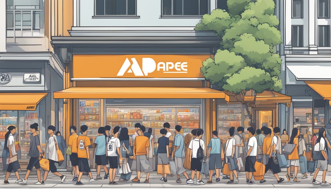 A busy street in Singapore, with a prominent storefront displaying the AAPE logo and a crowd of shoppers browsing the latest merchandise