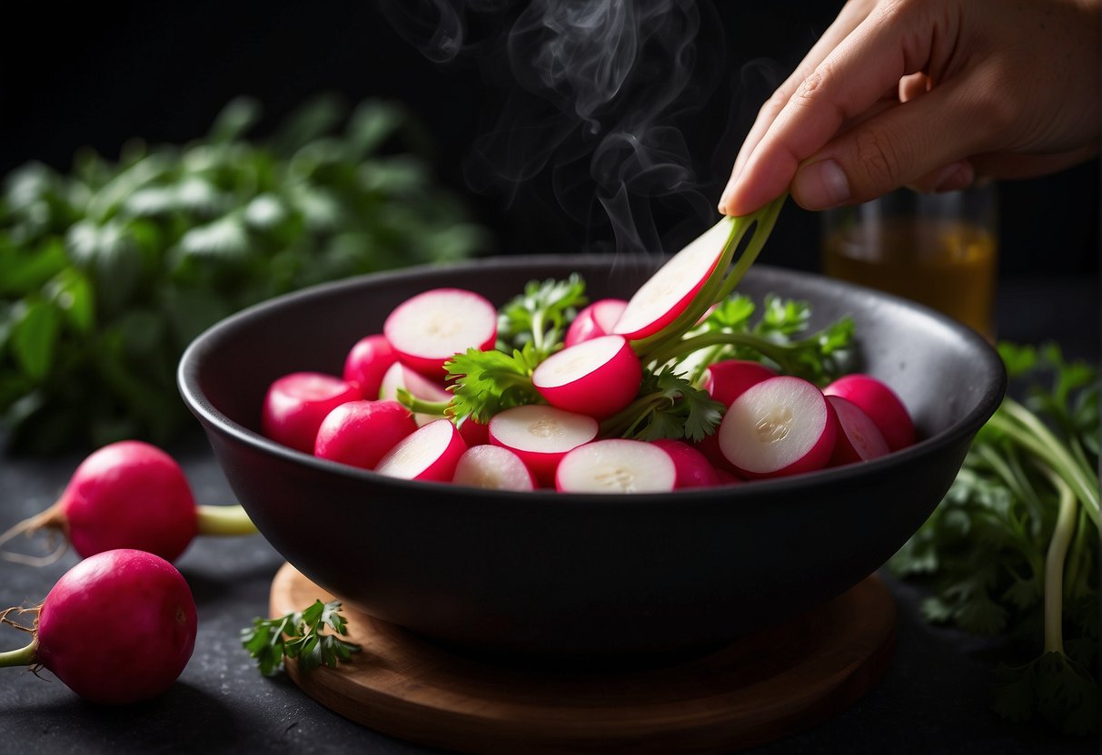 Chopping radishes, ginger, and scallions. Boiling broth in a pot. Adding ingredients and simmering. Garnishing with cilantro