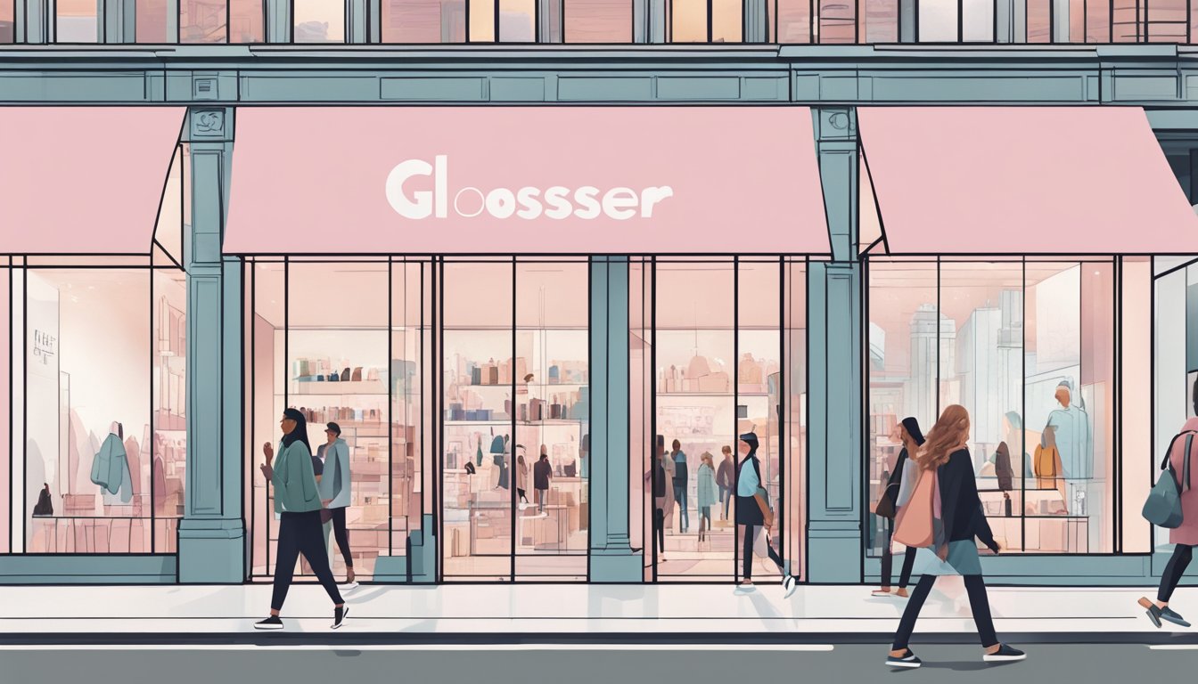 A bustling city street with a modern, minimalist storefront displaying the "Glossier" logo in bold lettering. Pedestrians walk by, some pausing to peer through the clean glass windows