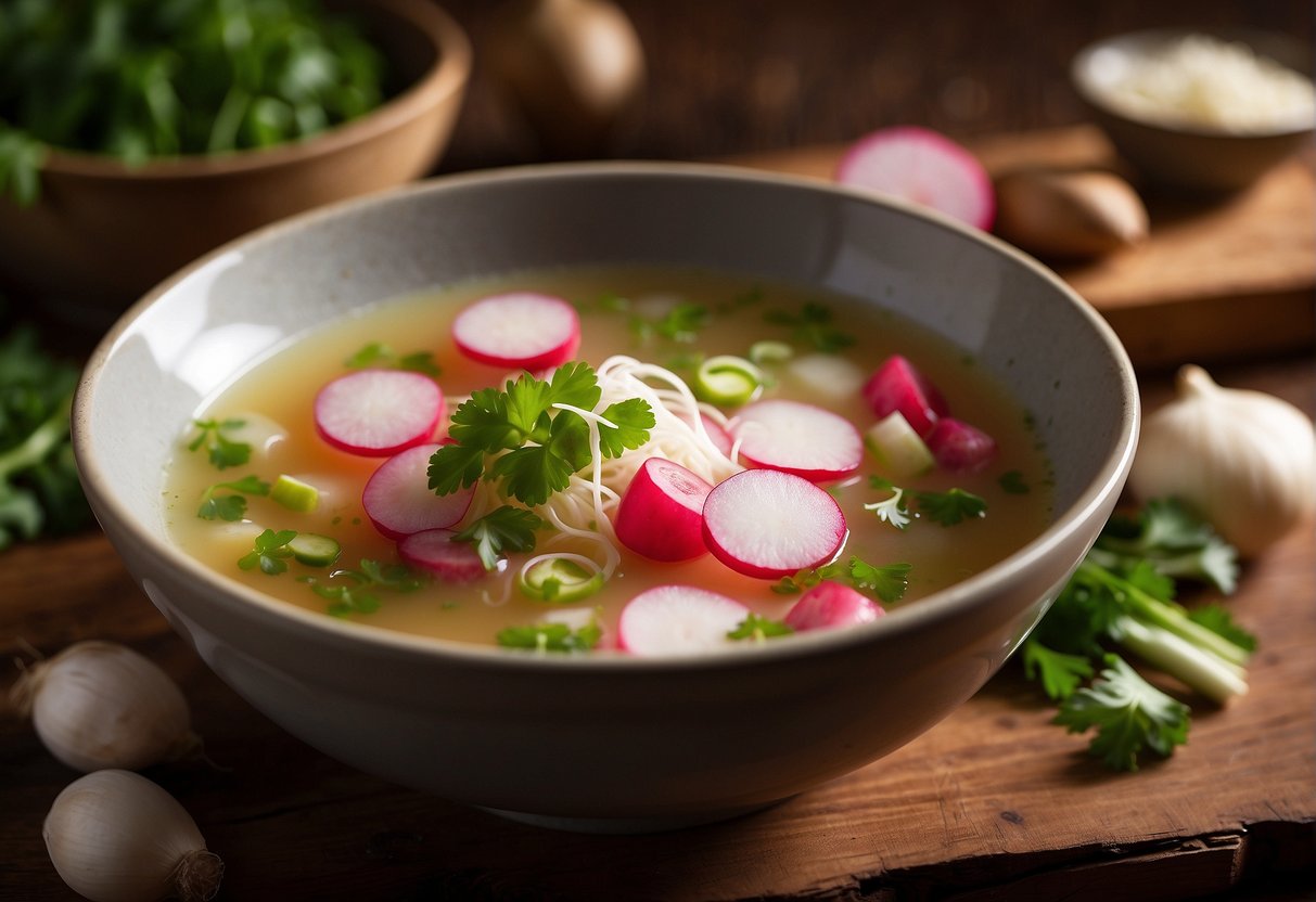A steaming bowl of vibrant radish soup sits on a wooden table, surrounded by fresh ingredients like ginger, garlic, and green onions. The soup exudes warmth and comfort, with hints of earthy and spicy flavors
