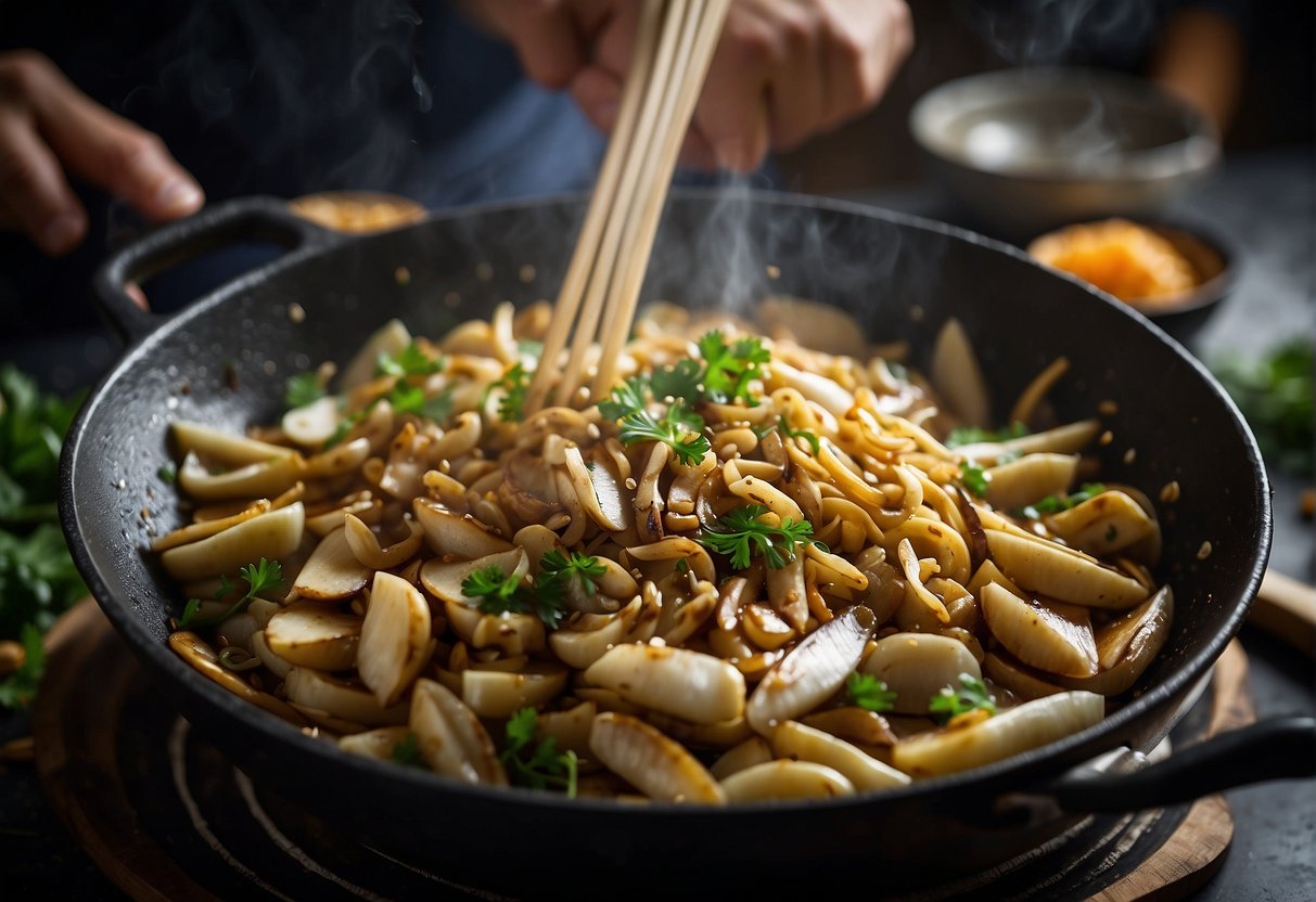 A chef stir-fries razor clams with ginger, garlic, and soy sauce in a sizzling wok, adding a splash of Chinese rice wine for a savory aroma