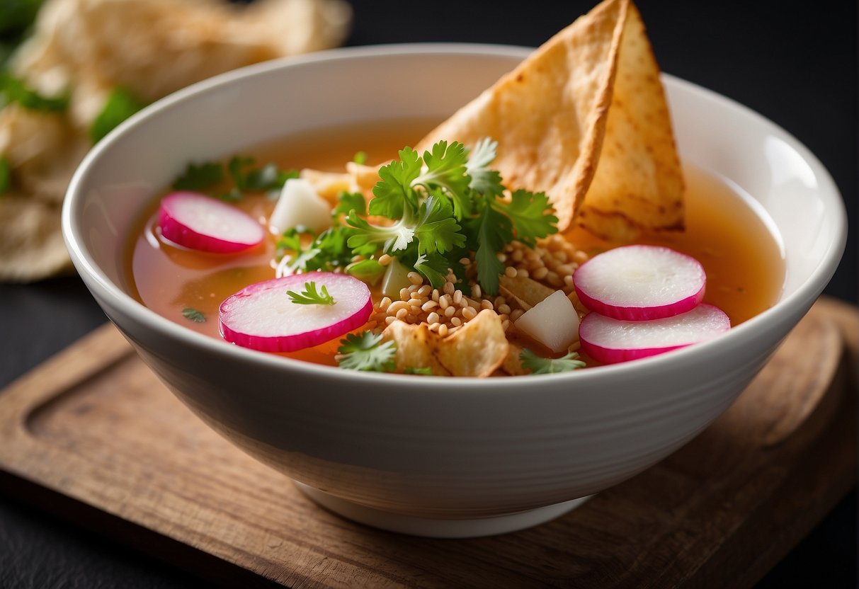 A bowl of steaming radish soup is garnished with fresh cilantro and sesame seeds, served alongside crispy fried wonton strips