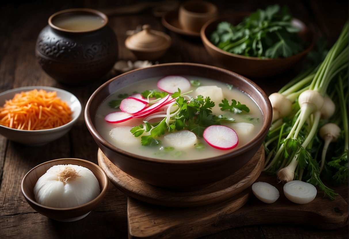 A steaming bowl of radish soup surrounded by traditional Chinese ingredients and utensils on a rustic wooden table
