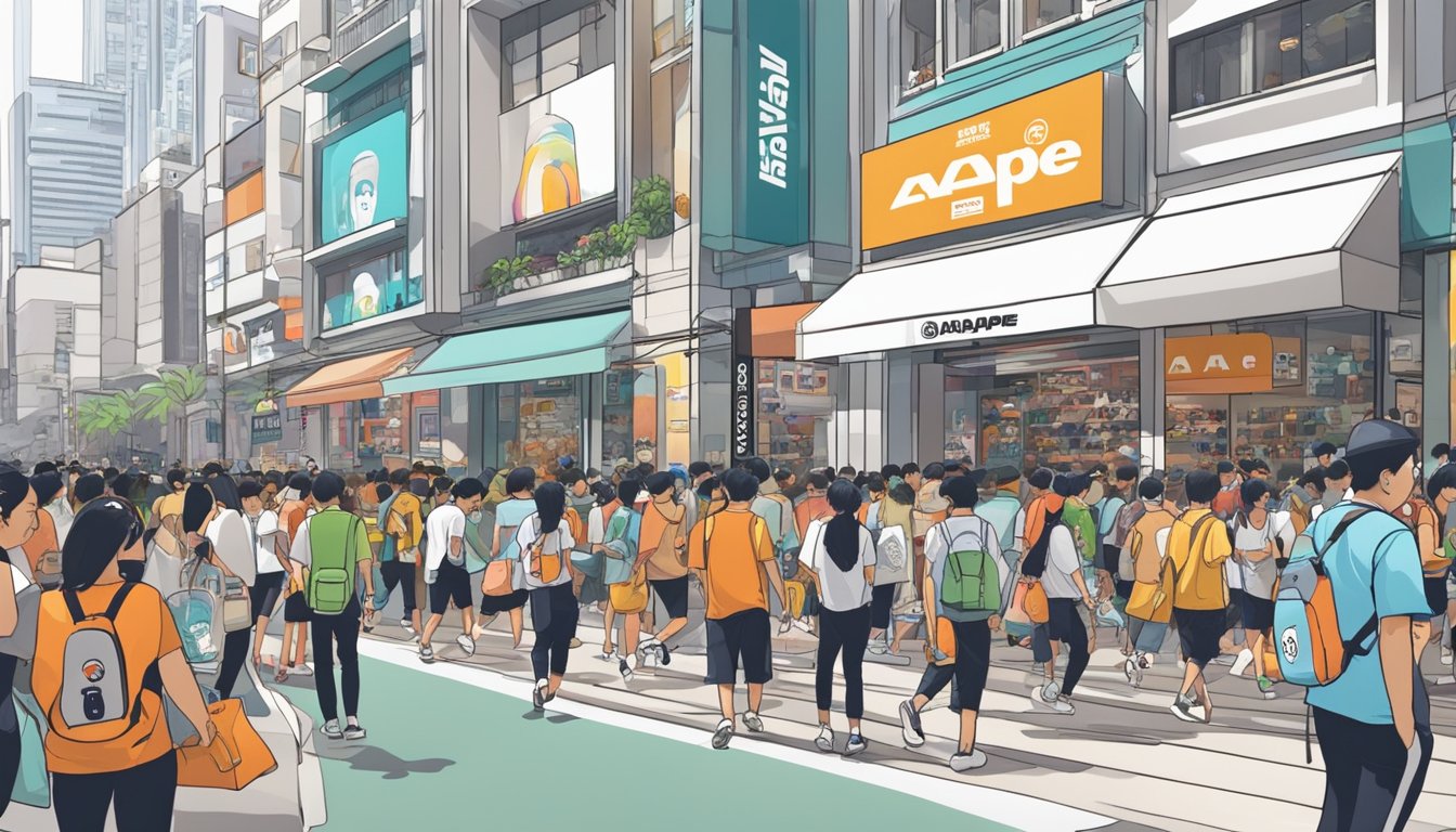 A bustling street in Singapore showcases AAPE by A Bathing Ape store, with vibrant displays and eager shoppers