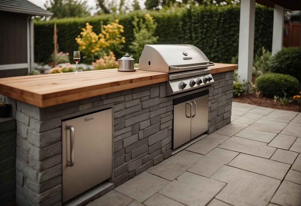 A simple outdoor kitchen with a grill, countertop, and storage. Surrounded by budget-friendly materials like cinder blocks, wood, and concrete